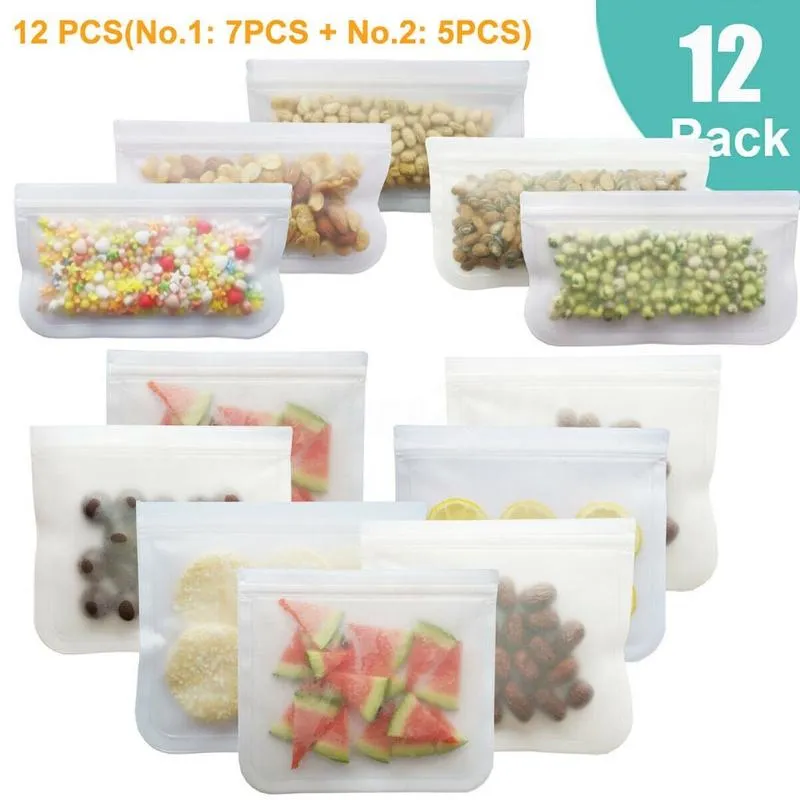 12Pcs/Set Bag Frosted PEVA Silicone Fresh-keeping Bag Reusable Freezer Zipper Leakproof Top Fruits Lunch Box