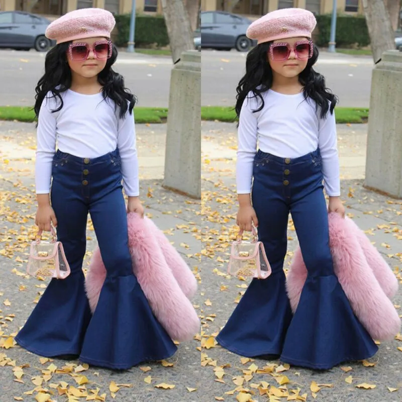 Kids Girls Bell Bottom Jeans Fashion Elastic Waist Flared Denim Pants  Trousers