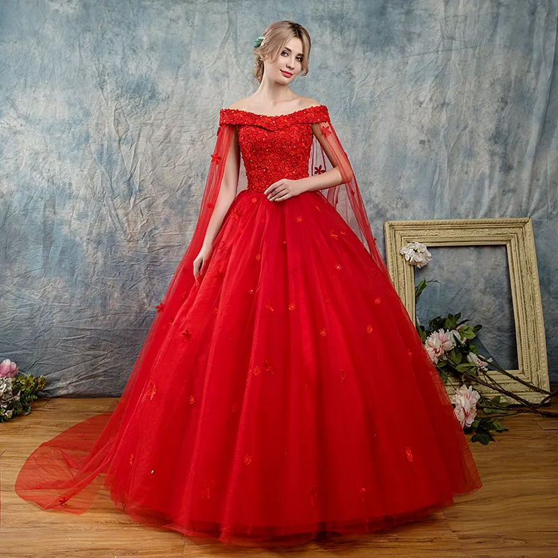 Neue rote Ballkleid-Gothic-Brautkleider mit schulterfreiem Umhang, perlenbesetzte Spitzenblumen, bodenlang, farbenfrohes Brautkleid, nicht traditionell