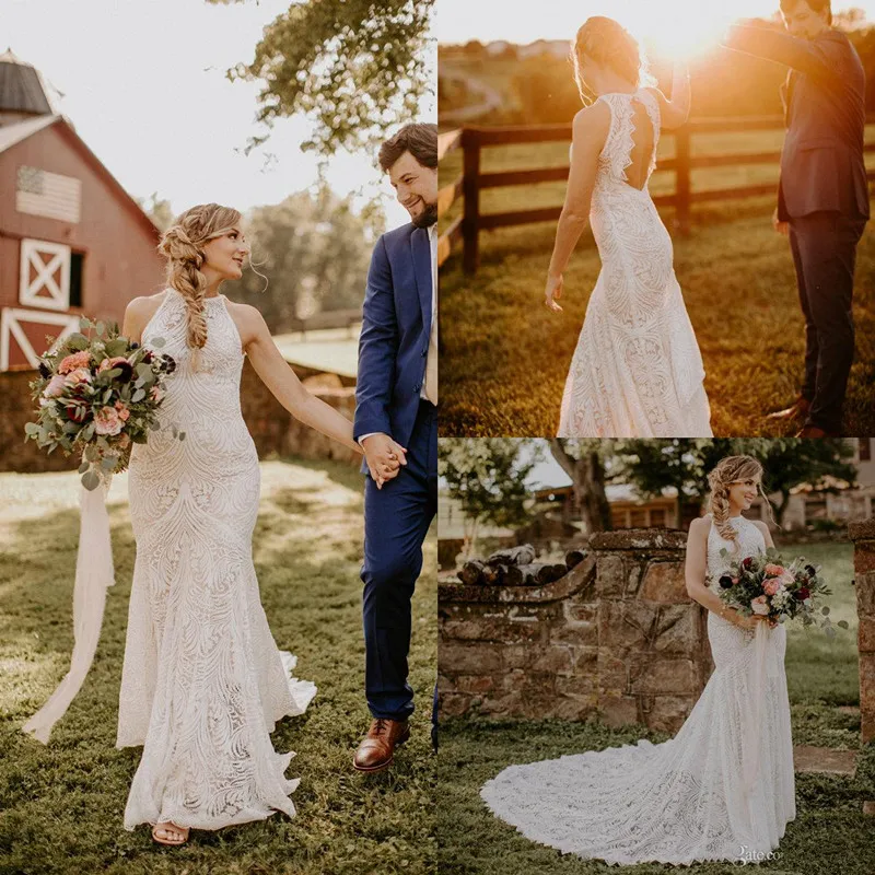 BHLDN Mermaid Wedding Dresses Jewel Neck Lace Appliqued Sweep Train Beach Wedding Dress Custom Plus Size Hollow Back Boho Bridal Gowns