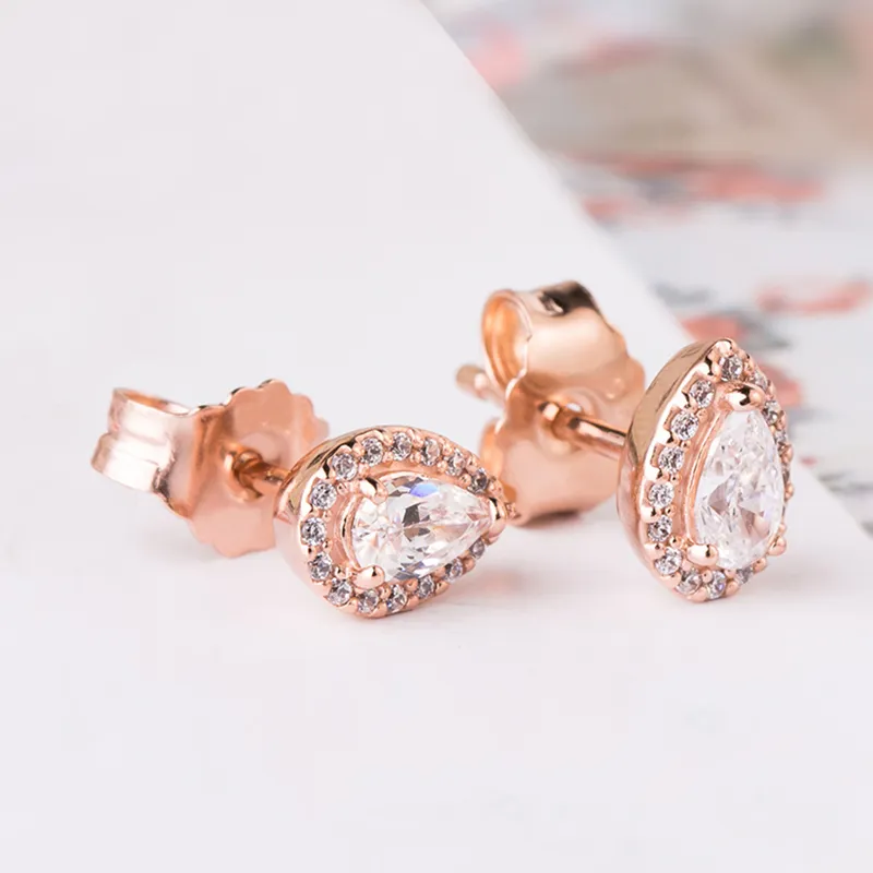 Luxus-Designer-Ohrringe aus Roségold für Damen, Schmuck für Pandora, funkelnde Tropfen-Halo-Ohrstecker aus 925er-Sterlingsilber mit Originalverpackung