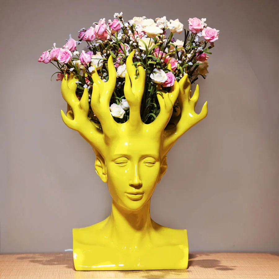 Kreativ mänsklig huvud blomma vas film figur hem dekor konst designer blomma arrangemang vas bord vas