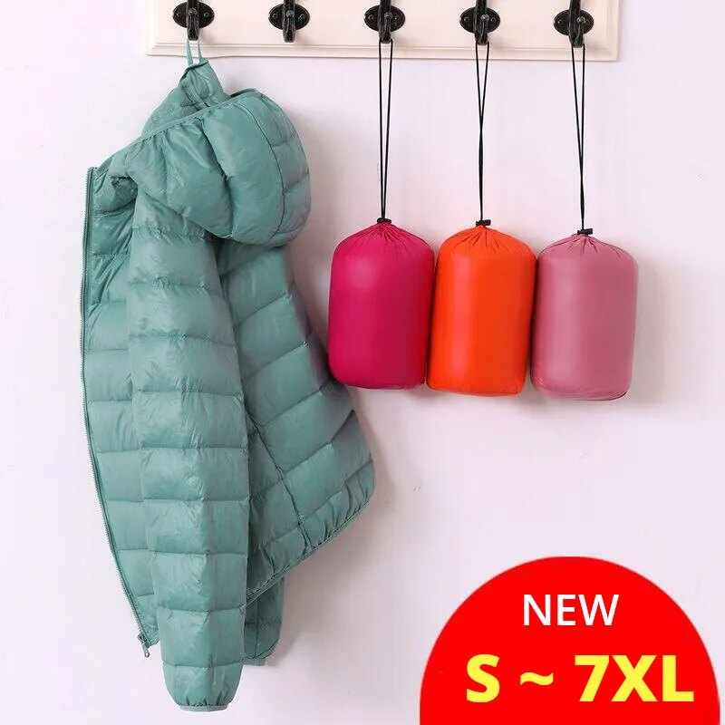 Big Size Duck 7XL Ultra Light Down Winter Warm Hooded Feather Puffer Jacket For Girl Short Spring Autumn Coat Female Women Cheap
