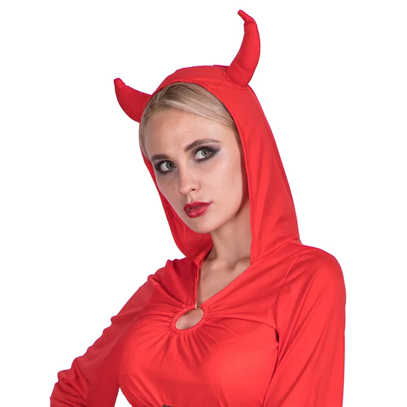 Mode-ontwerper Vlam Lady Devils Cosplay Kleding Halloween en Fancy Dress Party Jurk met Horns Theme Costume