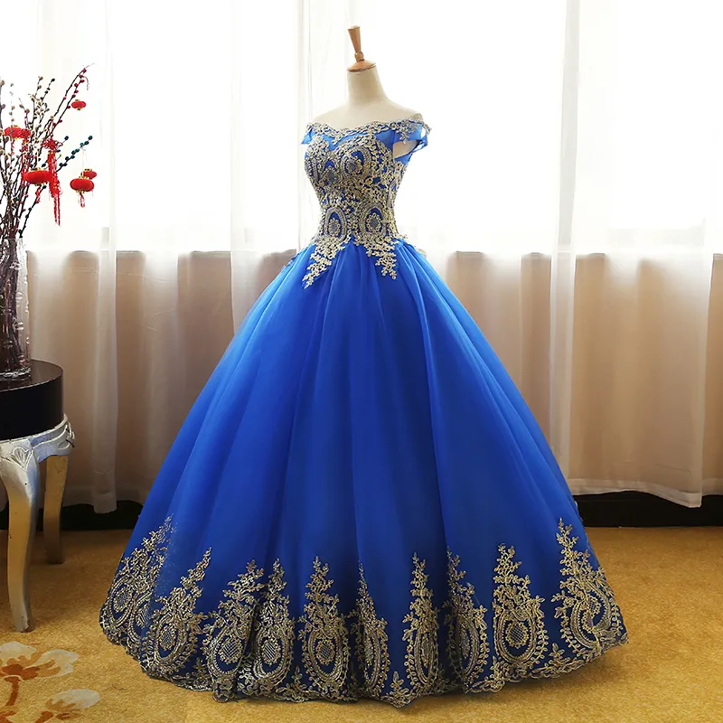 جديد الملكي الأزرق الكرة ثوب فساتين quinceanera الرباط يزين الحلو 16 فساتين زائد حجم حزب حفلة موسيقية فساتين السهرة QC1532