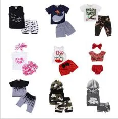 Baby Girl Roupas Crianças Floral Borla Outfits Meninos Verão Camo Conjuntos De Roupas Terno Camisa dos Desenhos animados Macacões Bow Calções Calças de Calças Terno E224