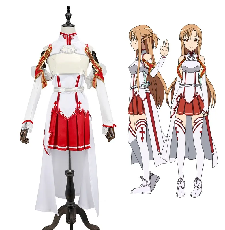 Anime Sword Art Online Asuna Yuuki Dress Cosplay Costumes Uniform for  Halloween SAO Asuna Battle Suit Outfits Full Set with Wig