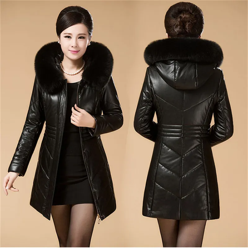 2019 Winter Leather Cotton-padded Coats New Middle Age Women Hooded Slim Leather Jacket Warm Medium Long Outerwear Plus Size 8XL