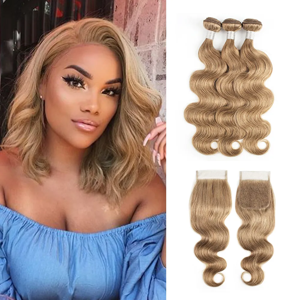 #8 Ash Blonde Human Hair Weave Bundles With Closure Brazilian Virgin Hair 3/4 Bundles With 4x4 Lace Closure Remy Human Hair Extensions