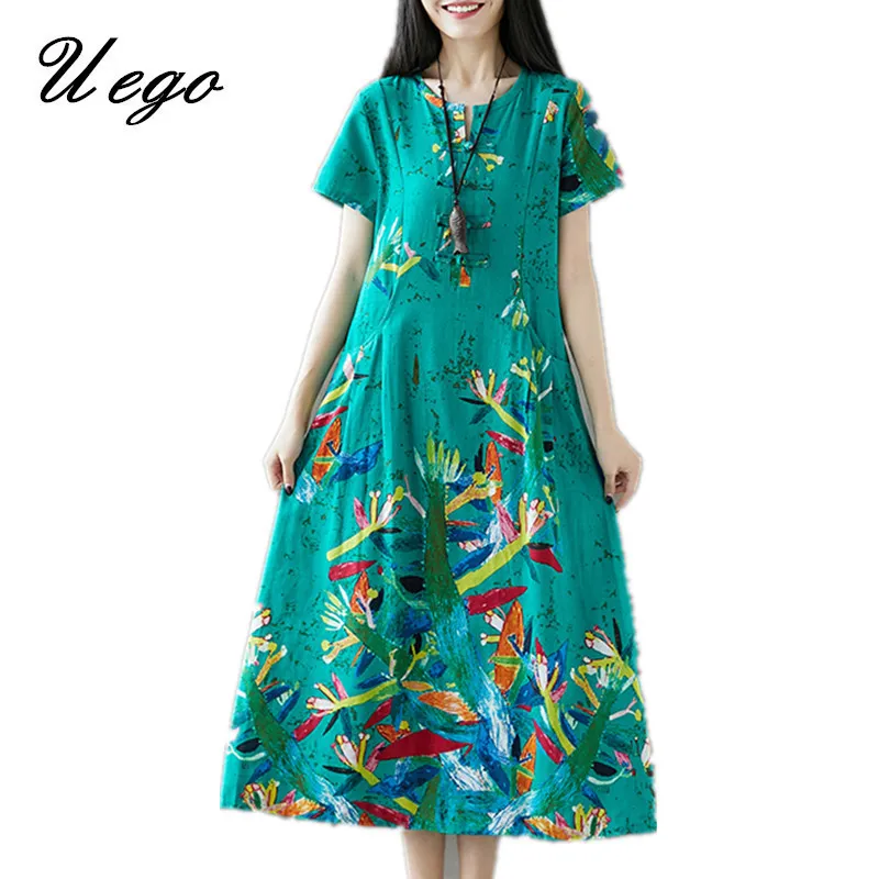 Uego Coton Lin Lâche Robe D'été Mode Impression Floral Style Chinois Robe 2019 Nouvelle Arrivée Femmes Casual Midi Robe Y19052901