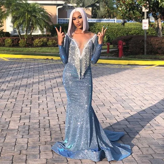 Arabic Blue Sequined Mermaid Evening Dress With Illusion Neckline Long  Sleeves Elegant Formal Gown For Prom Party Pageant From Missdressprom,  $102.64 | DHgate.Com