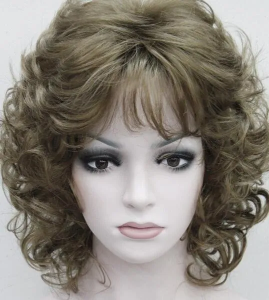 Парик Светло-золотистый Коричневый Короткие вьющиеся женские дамы Ежедневный синтетический пушистый парик FTLD208