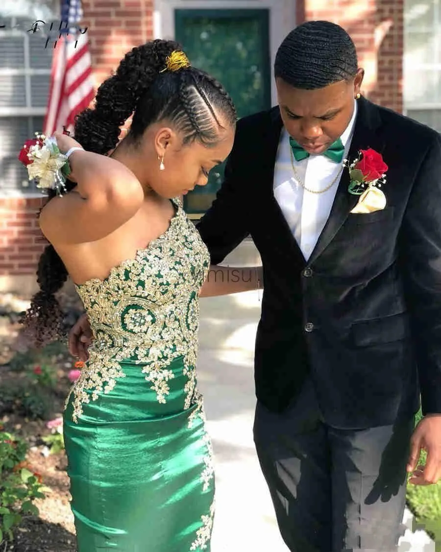 Gold Lace Applique Beaded Crystal Emerald Green One Shoulder Mermaid Evening Dress - Prom & Party Gown at Affordable Price