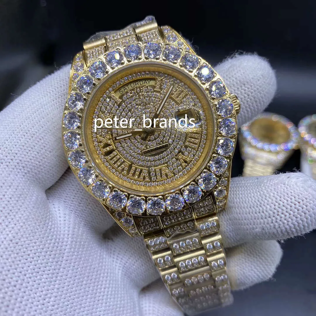 conjunto de pinos Relógio dos homens 43MM completamente congelado Diamante Relógio de pulso rosto Caso ouro com diamantes inoxidável Correia de aço do diamante relógio automático frete grátis