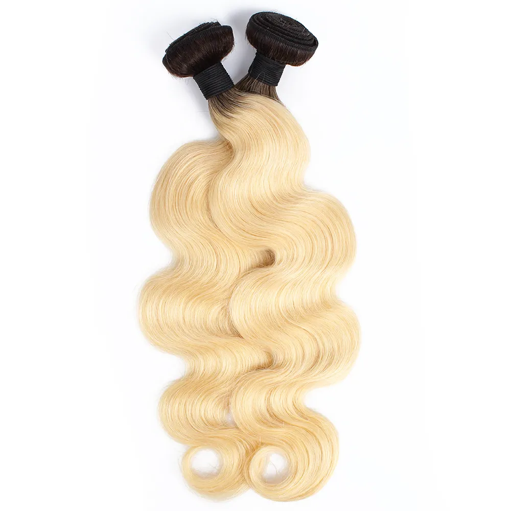 Brasilianska Ombre Blond Body Wave Hair Weave Bundles 1B 613 Dark Roots Peruanska Indiska Malaysiska Human Hair Extensions 2 Bundles 10-28 tum