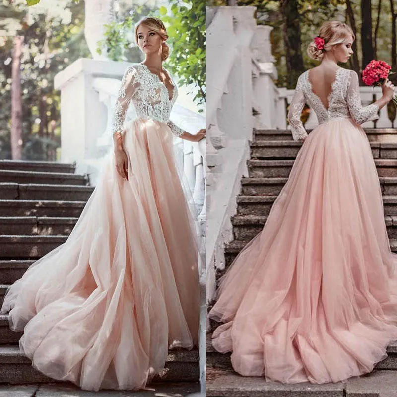 Lange Ärmel rosa Brautkleider V-Ausschnitt Spitze Appliques Gericht Zug Eine Linie offen Back Brautkleider Vestidos de Noivas