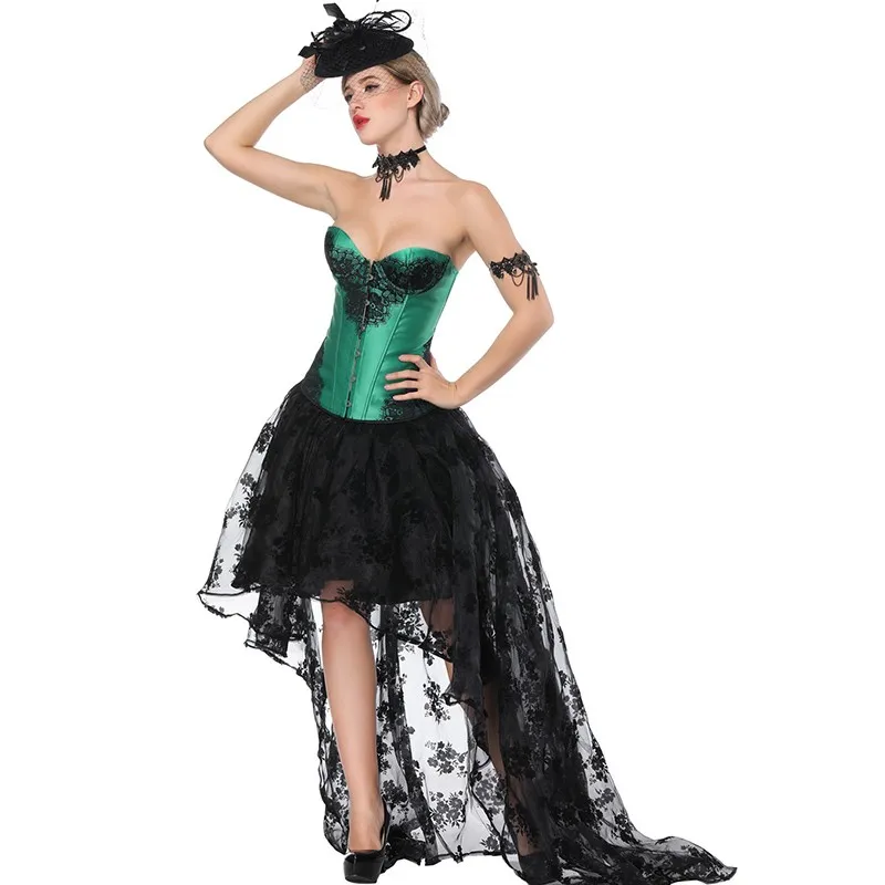 Women Halloween Costume Eyelash Lace Overbust Corset Top And A Black Floral  Mesh Hi Lo Long Skir S XXL Burlesque Corset Dress Set Outfit From  Bestielady, $23.5
