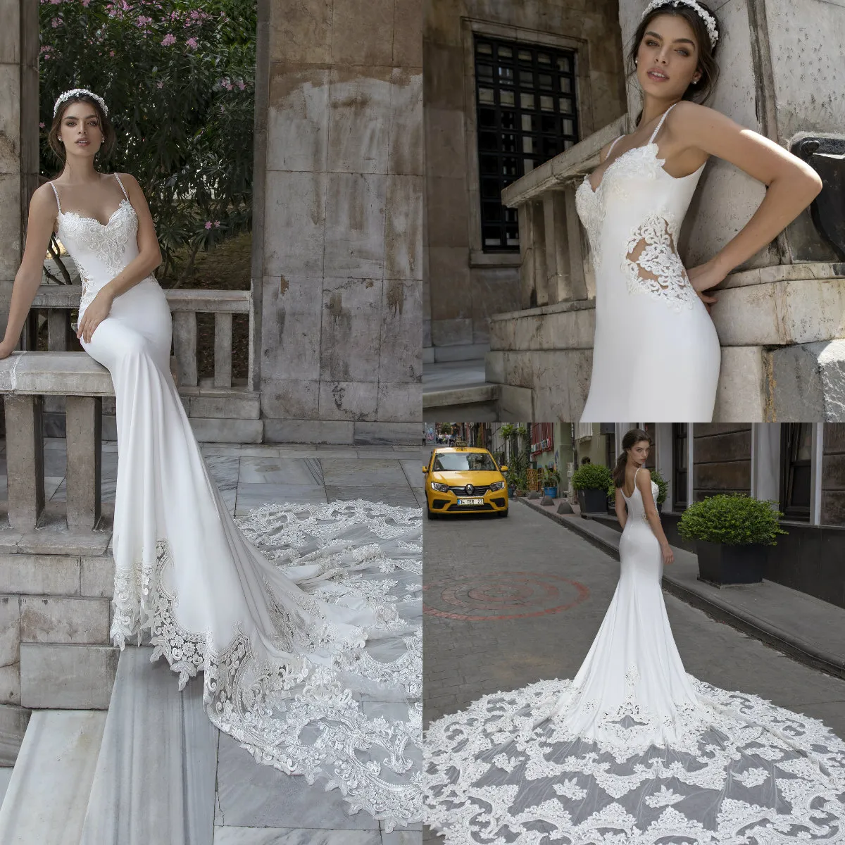 Abiti da sposa sexy a sirena con spaghetti 2020 Pizzo con perline Corte dei treni Abiti da sposa da spiaggia Boho vestido de novia Custom Made Cerniera posteriore