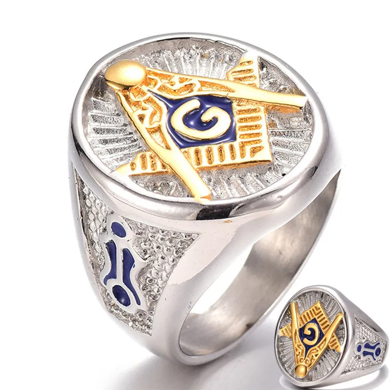 Vintage rvs blauw Masonic Totem Ring voor Mannen Freemason Symbool G Templar Vrijmetselarij Mannen Ringen Gouden Letter Een ring
