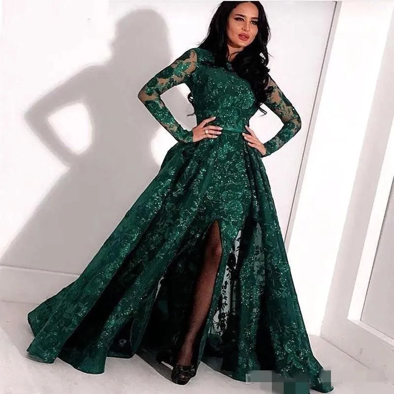 Long Sleeve Dark Green Lace Sequin Prom Dress With Slit With Jewel  Neckline, Overskirt, And Ribbon Detail Perfect For Formal Occasions From  Suelee_dress, $114.23