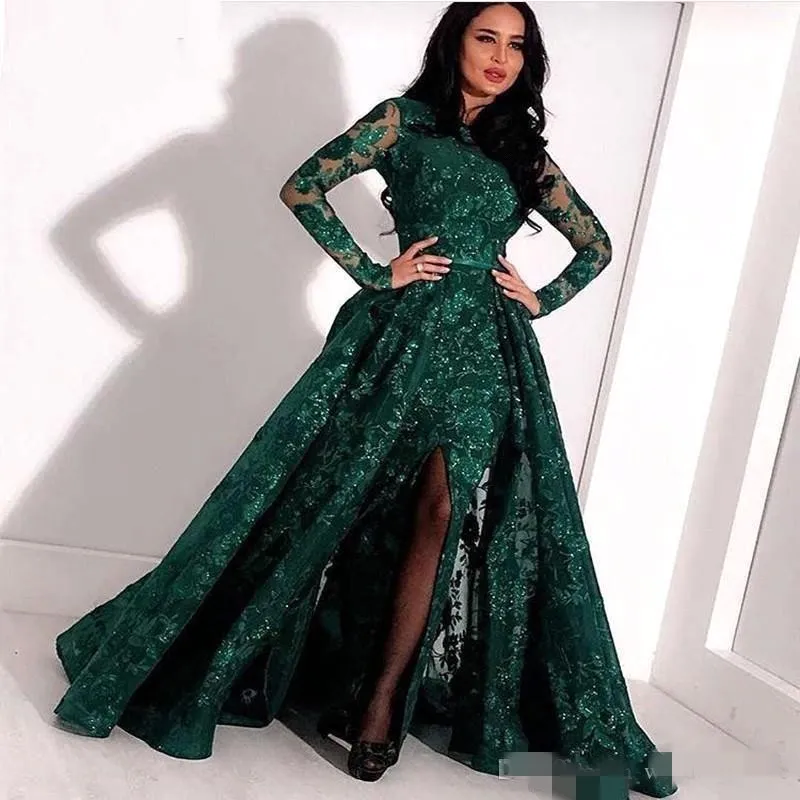 Vestidos de fiesta de color verde oscuro Mangas largas Lentejuelas de encaje Apliques Joya Cuello Abertura Cinta Sobrefalda Hasta el suelo Vestido de noche Ropa para ocasiones formales