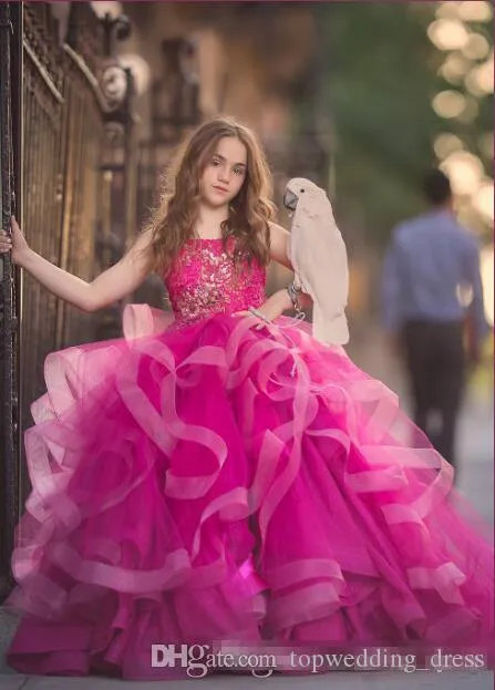 Bollklänning Flower Girls Dresses Spaghetti Straps Fuchsia Ruffles Backless Lace Appliques Floor-Length Pageant Gowns