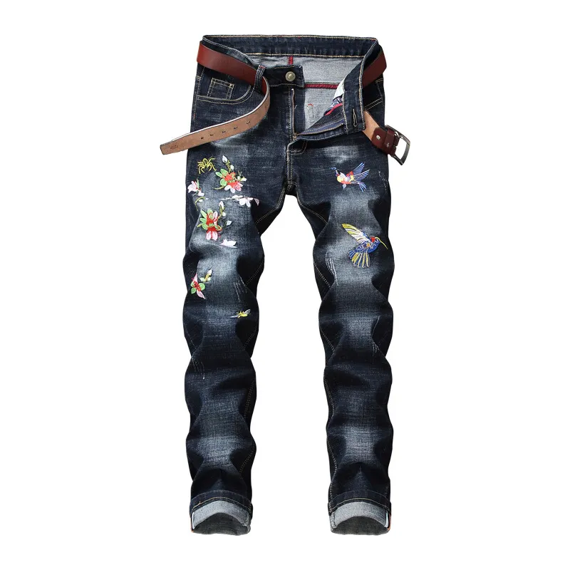 Jeans da uomo Pantaloni in denim a tutta lunghezza con ricamo floreale stile uomo Pantaloni dritti elastici lavati alla moda