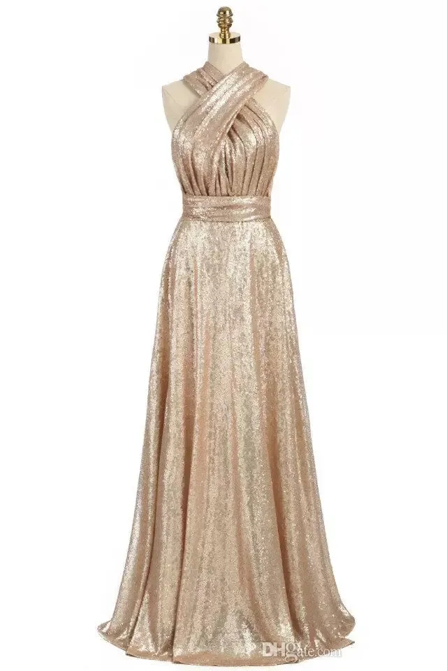 Guld Sequins Cabriolet Bridesmaid Dresses 2019 A-Line Long Maid of Honor Dress Wedding Party Gowns Snabb leverans