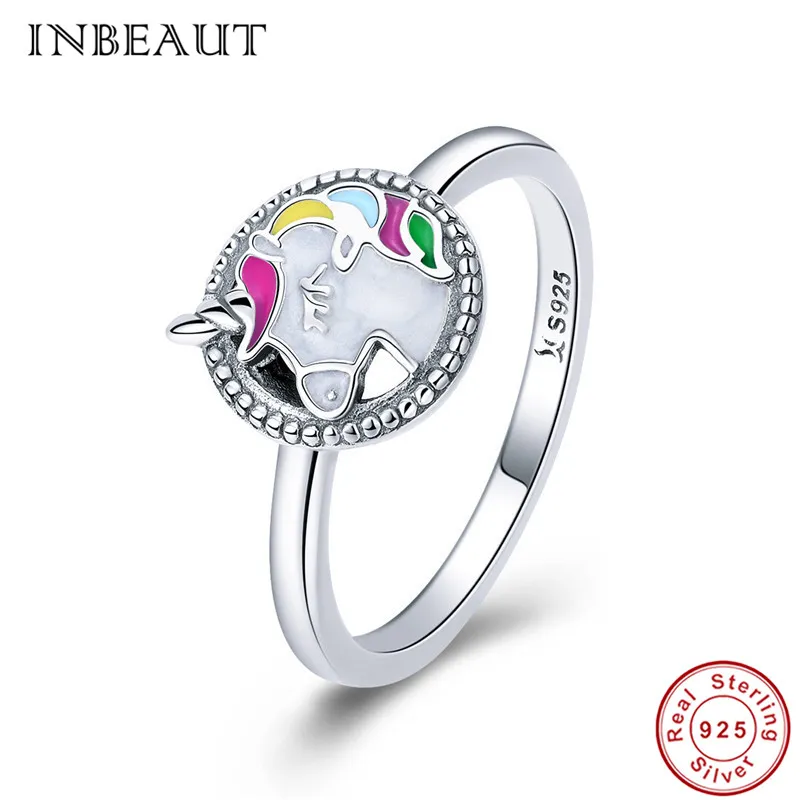 Inbeaut mulheres moda unicórnio anel de prata esterlina 925 esmalte colorido misterioso aninmal memória justa anéis de casamento para feminino