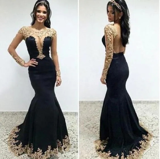 Abendkleider Vestidos De Fiesta En Negro Y Dorado Sirena De Manga Larga Cuello Bateau Vestidos De Con Espalda Abierta Vestido De Fiesta Con Forma De Bola Celebrity Vestido Formal De 159,04