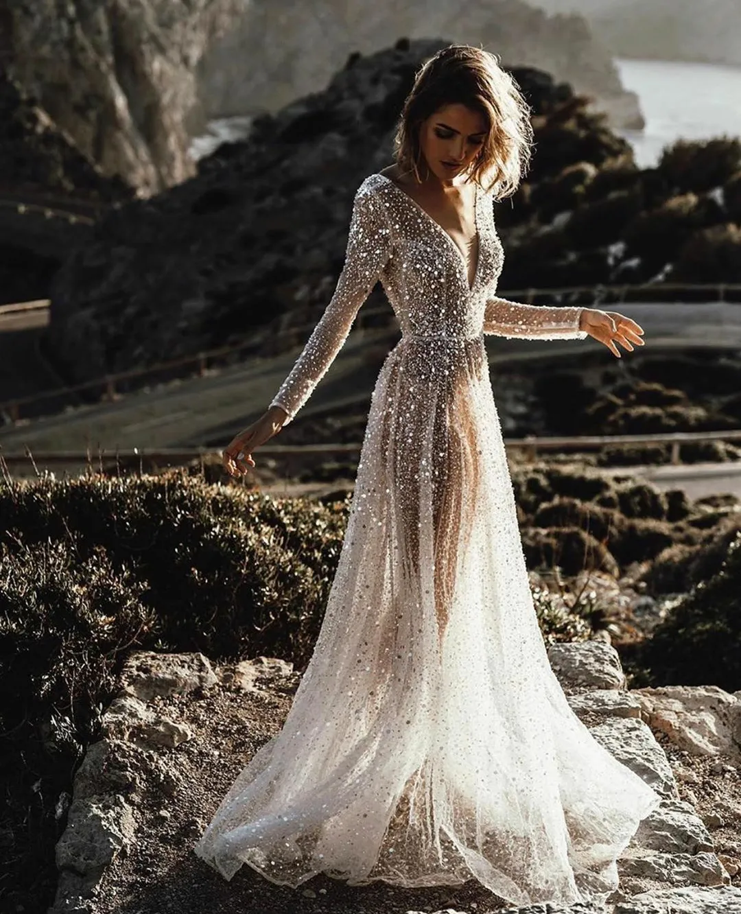 Long sleeve hotsell beach wedding dresses