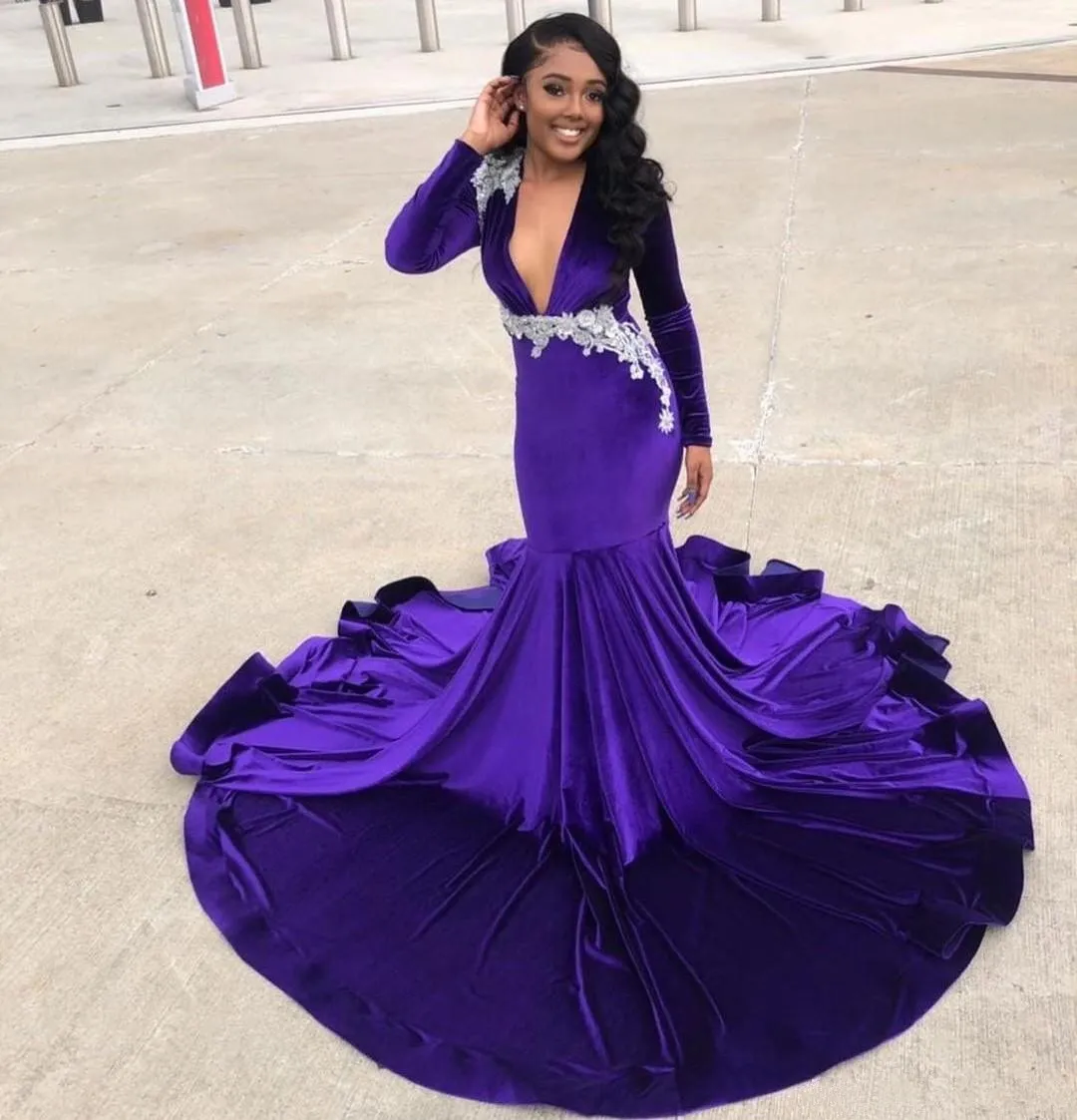 Robes de bal sirène en velours violet col en V profond appliqué perlé manches longues robes de soirée grande taille balayage train fête formelle Dres279Z