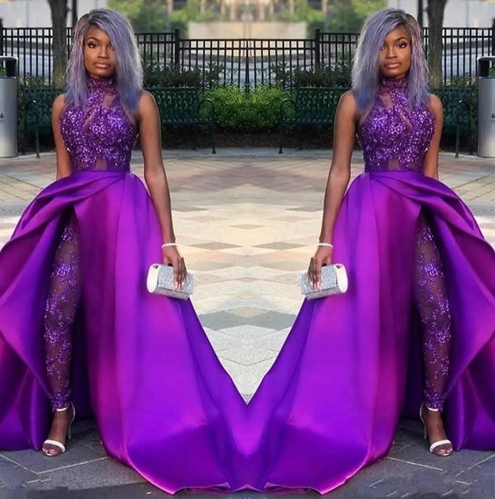 Purple Arabic Formal Evening Gowns Jumpsuits Long Sleeves Shiny ...
