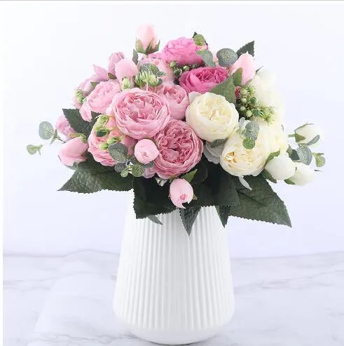 30cm Rose Pink Silk Peony Artificial Flowers Bouquet 3 Big Head and 4 Bud Cheap Fake Flowers for Home Wedding GB1337