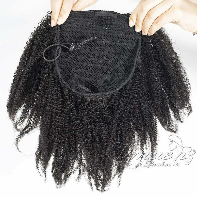 Moğol 4A 4B 4C Bukleler 120g Doğal Renk #1B Horsetail El işi Afro Kinky Kıvırcık Kaba Düz Elastik Bant Bakire İnsan Saç Uzantıları Drawstring Ponytail