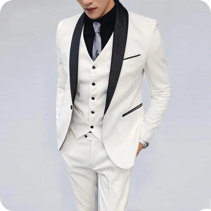 Handsome One Button Ivory Groom Tuxedos Shawl Lapel Men Suits 3 pieces Wedding/Prom/Dinner Blazer (Jacket+Pants+Vest+Tie) W622