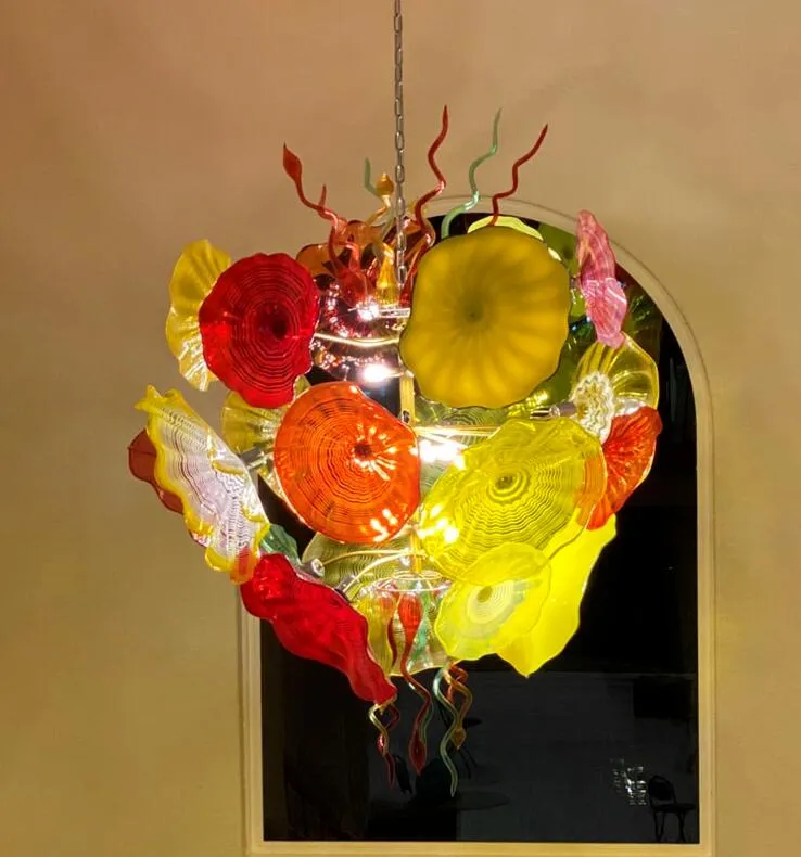 화려한 꽃 플레이트 펜던트 램프 홈 호텔 디자인 손 유리 샹들리에 조명 LED 무라노 유리 예술 샹들리에 빛 풍선