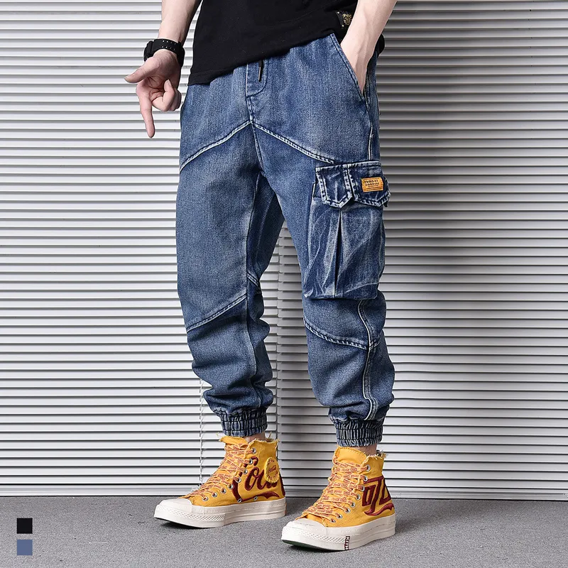 جينز الرجال اليابانيين خمر الموضة جينز جينز فضفاضة ملائمة الجيوب متعددة الجينز سراويل شارع الشارع مصمم الهيب هوب جان مينس الركض بانت