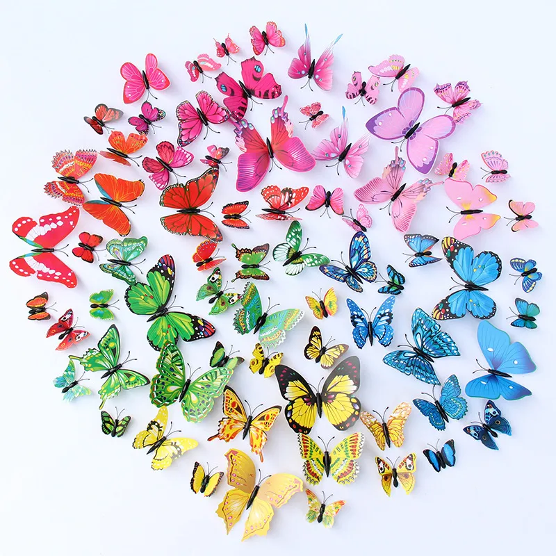 Hot new 12 couleurs 3d stickers muraux PVC simulation papillon TV fond mur chambre d'enfants décoration WCW282