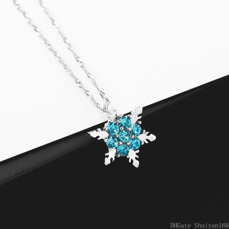 Blå kristall snöflinga hängsmycke halsband zirkon klassisk blomma tröja halsband för kvinnor uttalande smycken grossist julklapp