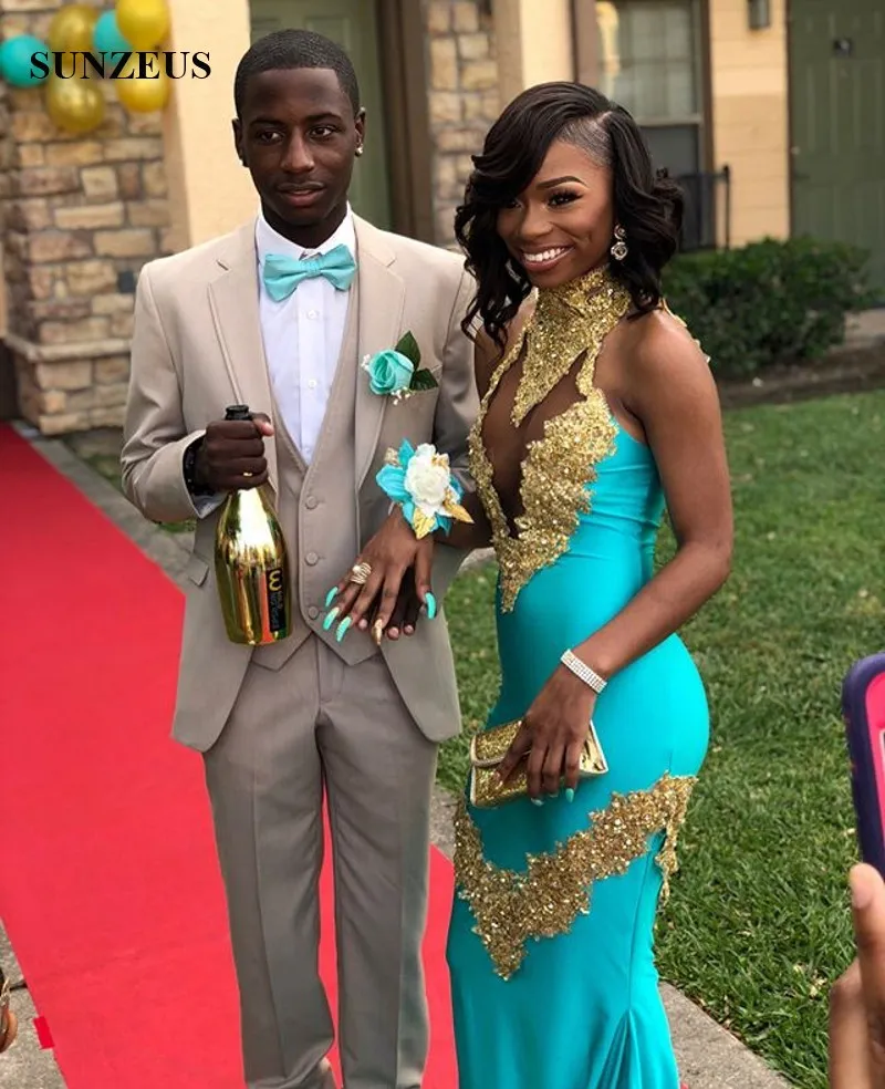 Gold Applique Lace Turquoise High Collar Mermaid Mermaid green prom dress with Beaded Details - Perfect for Black Girls' Party Gowns and Long Robe de