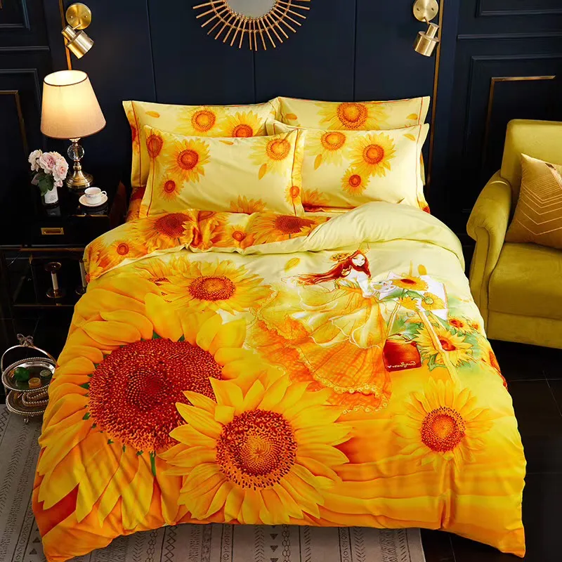 100 algodão egípcio 4 pcs bela roupa de cama amarela set flor rainha de girassol de giro de ganso cheio capa plana e fronhas