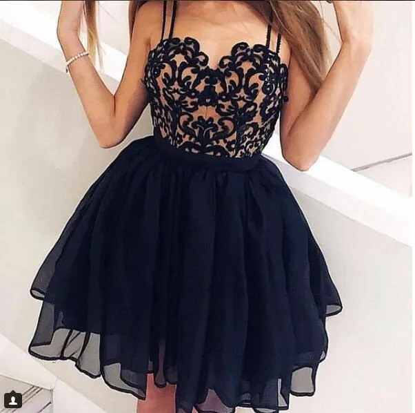 Black Chiffon A Line Short Lace Top Party Homecoming Dresses Cheap Sexy Cocktail Prom Dresses Gown 2019
