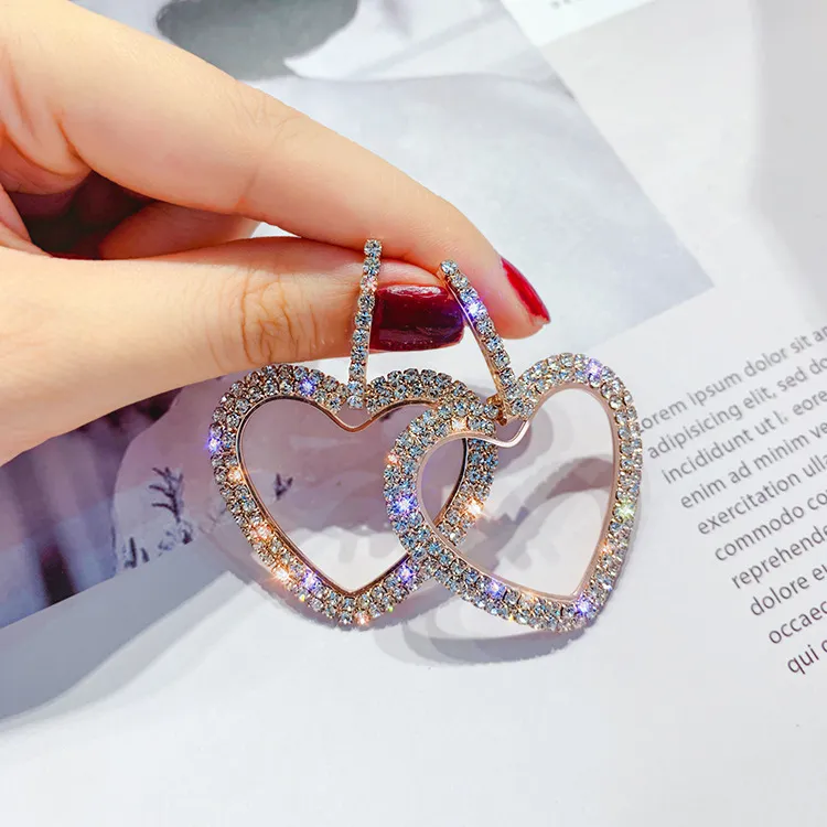 S925 Silver Full Diamond Bling Earring Heart Shape Exaggerated Personality Wild Drop Earrings for Women Party Wedding Lovers Gift Jewelry