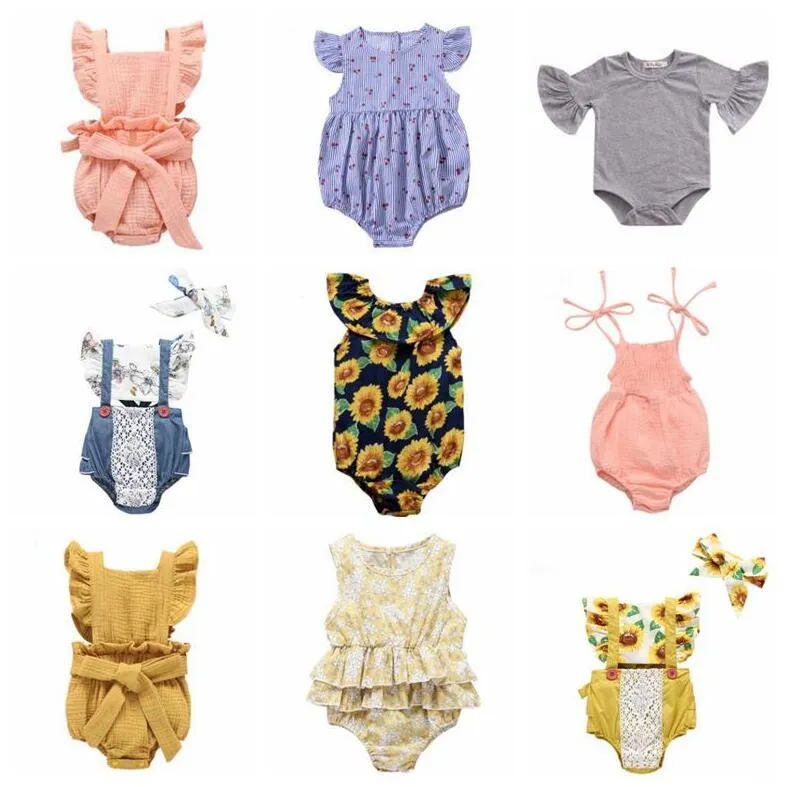 Mamelucos de bebé Niños Verano Girasol Monos Ropa de niña Recién nacido Sólido Casual Onesies Fly Manga Body Traje de escalada 51 Color BYP5475