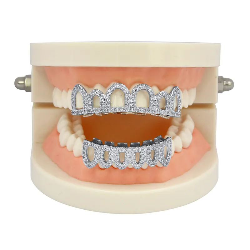 Hip Hop Iced Out CZ Mouth Teeth Grillz Caps Top Bottom Grill Set Men Women Vampire Grills