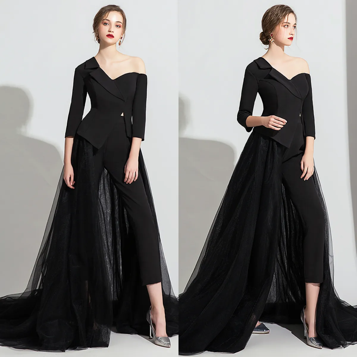 Elegantes Vestidos De Noche De Mono Negro Con Sobrecargadería