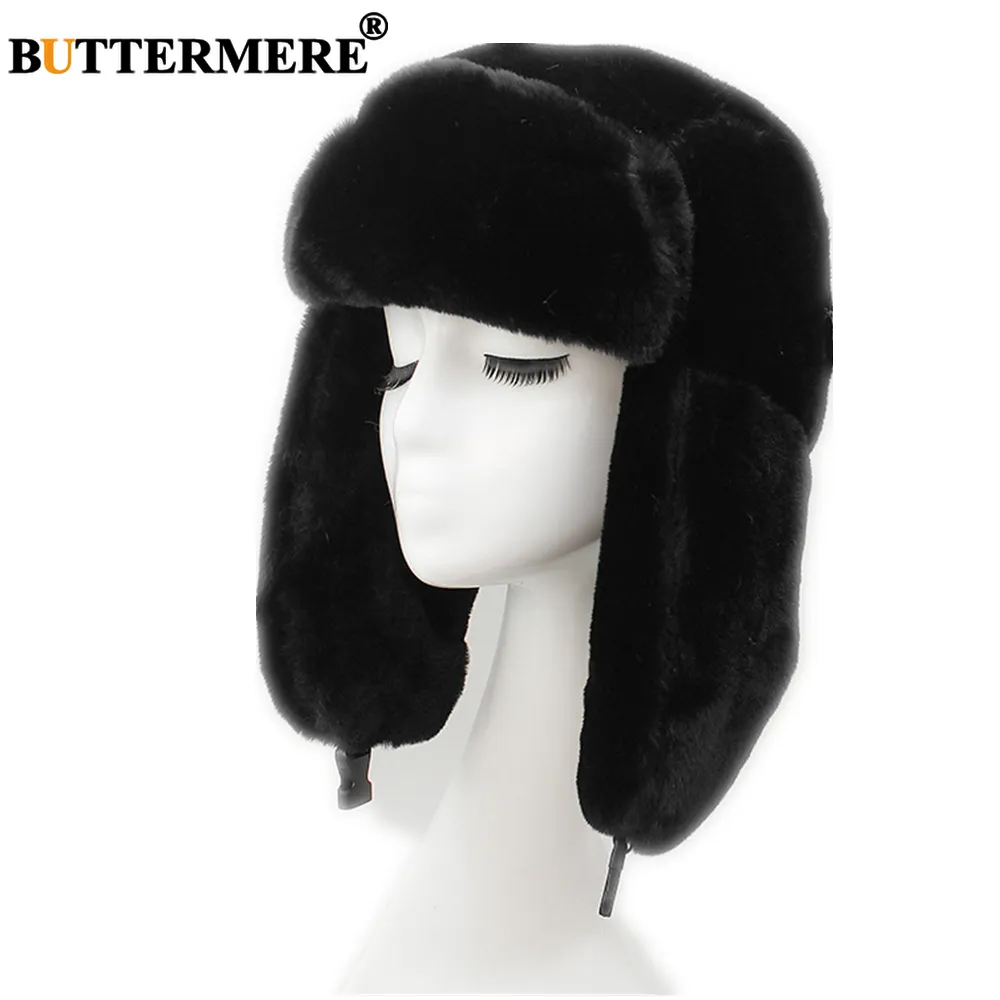 BUTTERMERE Fur Bomber Hat for Women Russian Ushanka Black Trapper Hat Female Warm Winter Ski Ears Gorros Mujer Invierno