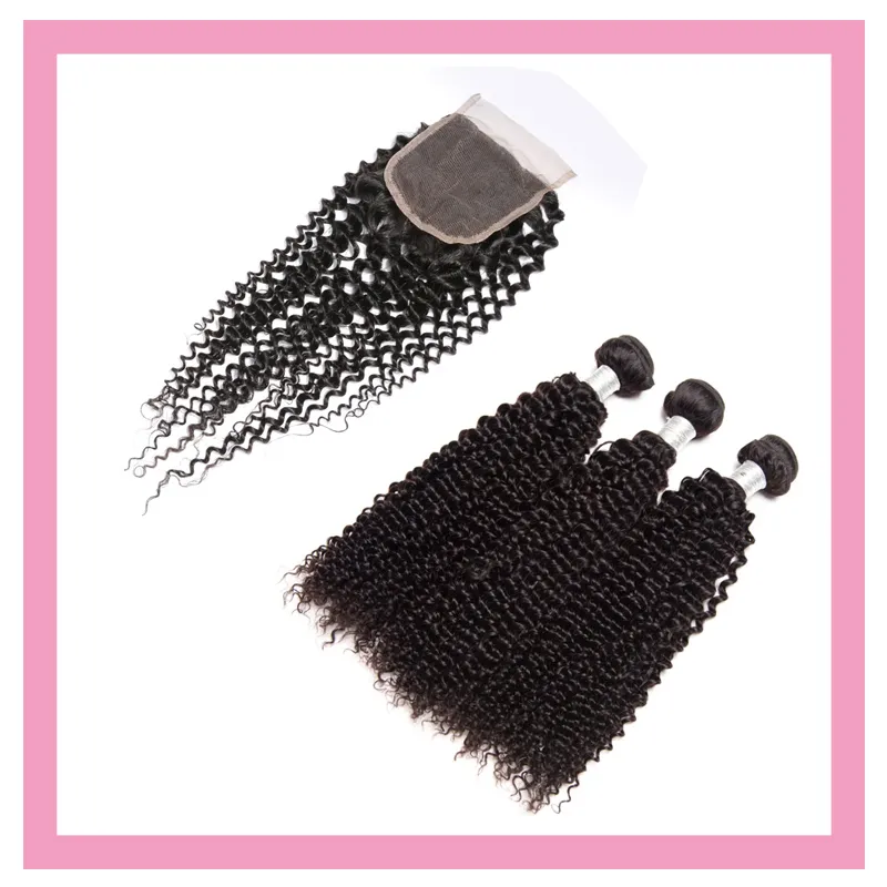 Malaisiens crépus bouclés 3 paquets avec fermeture en dentelle 4X4 couleur naturelle partie libre bouclés 4 pièces Extensions de cheveux vierges