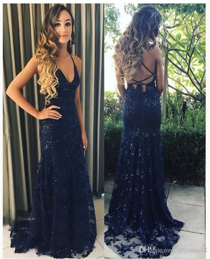 2020 Nowe pasy spaghetti Cekinę Koronki Syrenki Prom Dresses Wysokiej Jakości Długi Bez Backless Criss Cross Cross Długość Formalna Party Suknie wieczorowe